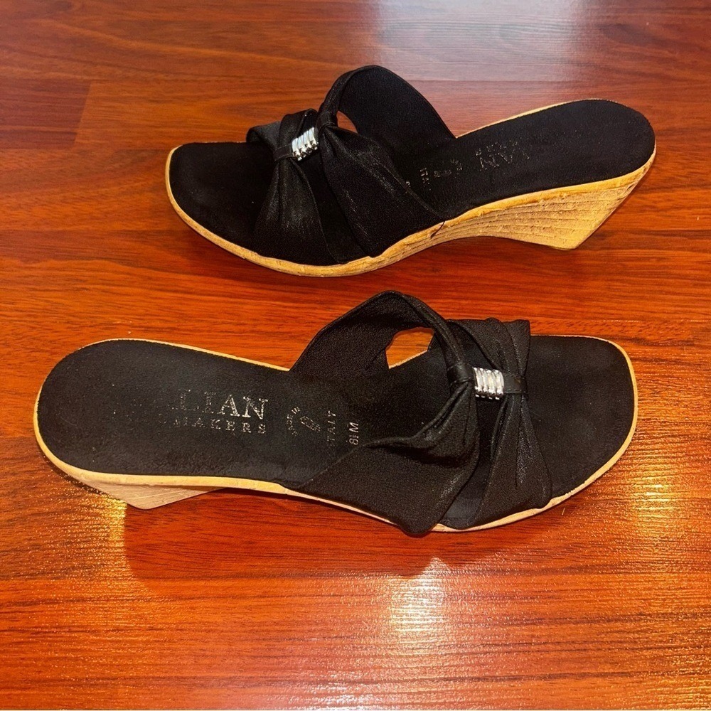 Italian Shoemakers Black Bow Wedge Sandals Slide Mules Made in Italy Womens 8.5M - Picture 3 of 8